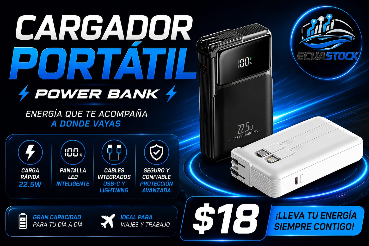 Power Bank Portátil 22500mAh DX481 con Cables Integrados y Pantalla LED – Carga Rápida para iPhone y Android